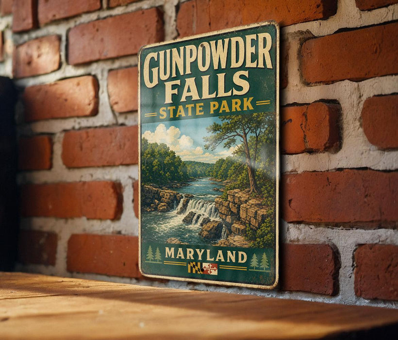 A vintage metal sign for Gunpowder Falls State Park in Maryland, featuring a scenic illustration of the waterfall and surrounding landscape.