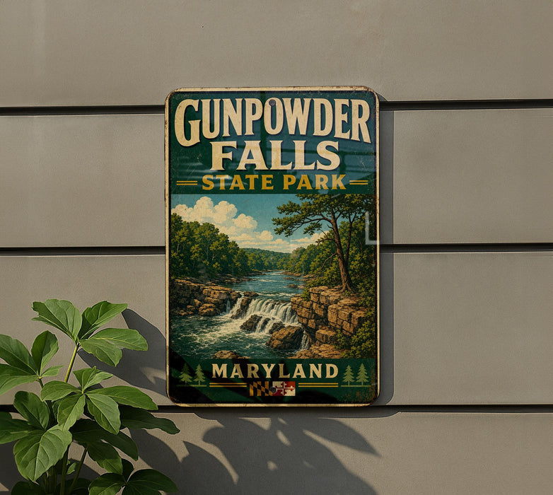 A vintage metal sign for Gunpolder Falls State Park in Maryland, featuring a scenic landscape with a waterfall and forest.
