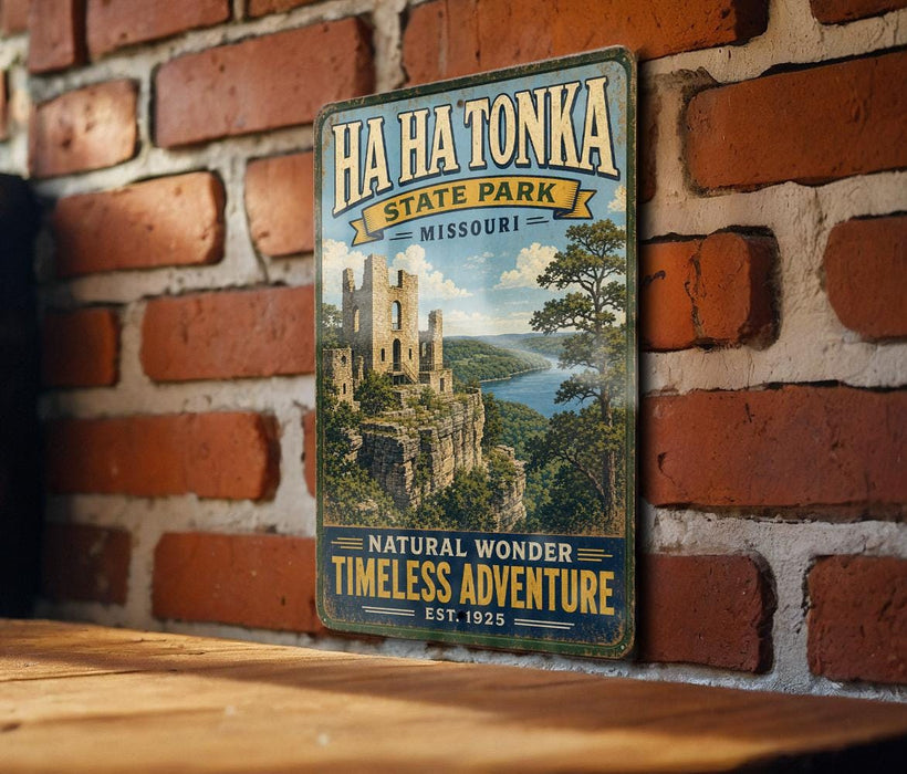 A vintage-style metal sign for Ha Ha Tonka State Park in Missouri, featuring a castle and a scenic landscape.