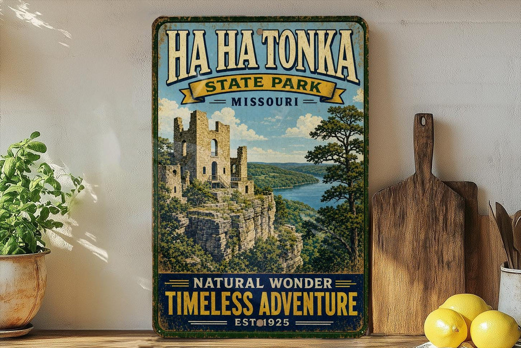 A vintage-style metal sign for Ha Ha Tonka State Park in Missouri, featuring a castle and a scenic landscape.