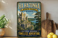 A vintage-style metal sign for Ha Ha Tonka State Park in Missouri, featuring a castle and a scenic landscape.