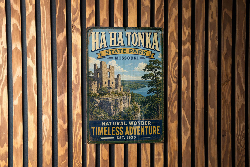 A vintage-style metal sign for Ha Ha Tonka State Park in Missouri, featuring a castle and a scenic landscape.