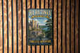 A vintage-style metal sign for Ha Ha Tonka State Park in Missouri, featuring a castle and a scenic landscape.