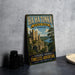 A vintage-style metal sign for Ha Ha Tonka State Park in Missouri, featuring a castle and a scenic landscape.