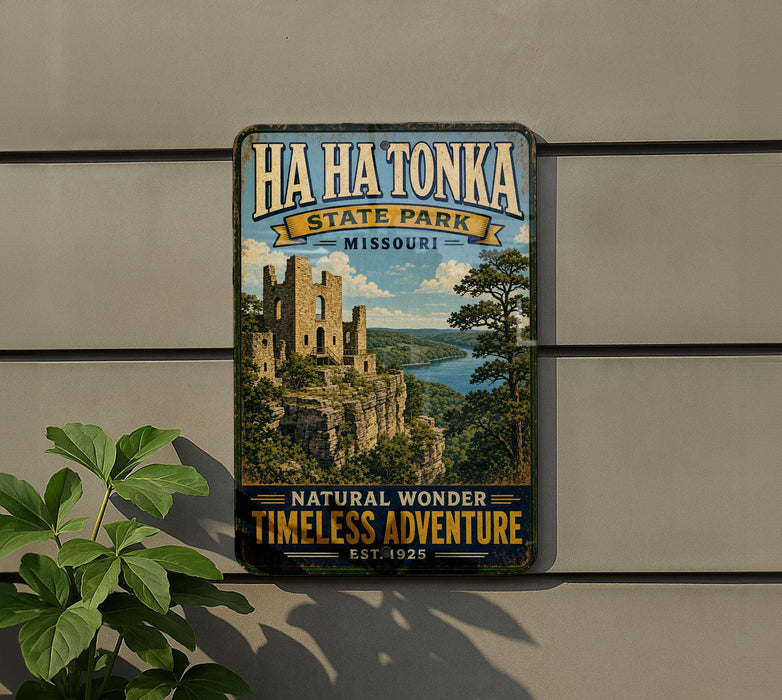A vintage-style metal sign for Ha Ha Tonka State Park in Missouri, featuring a castle and a scenic landscape.