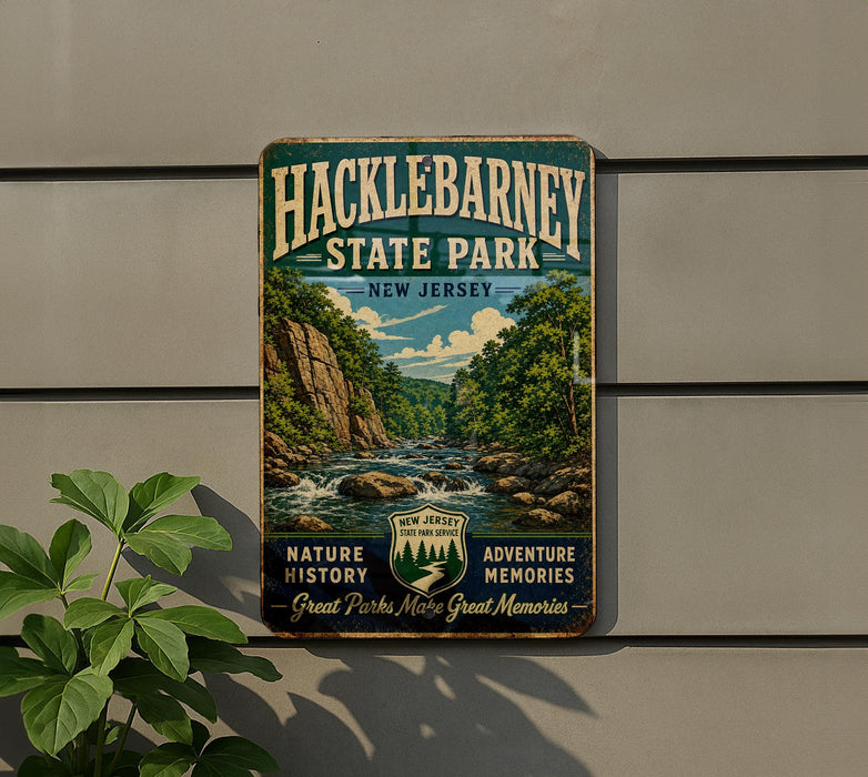 A vintage-style metal sign for Hacklebarney State Park in New Jersey, featuring a scenic landscape with a river and mountains.