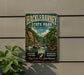A vintage-style metal sign for Hacklebarney State Park in New Jersey, featuring a scenic landscape with a river and mountains.