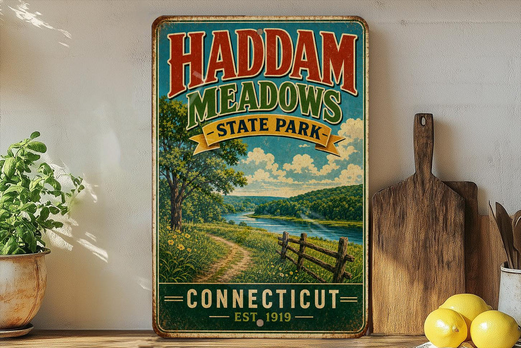 A vintage-style metal sign for Haddam Meadows State Park in Connecticut, featuring a scenic landscape with a river, trees, and a wooden fence.