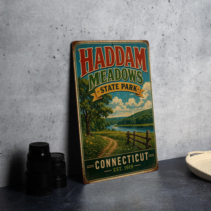 A vintage-style metal sign for Haddam Meadows State Park in Connecticut, featuring a scenic landscape with a river, trees, and a path.