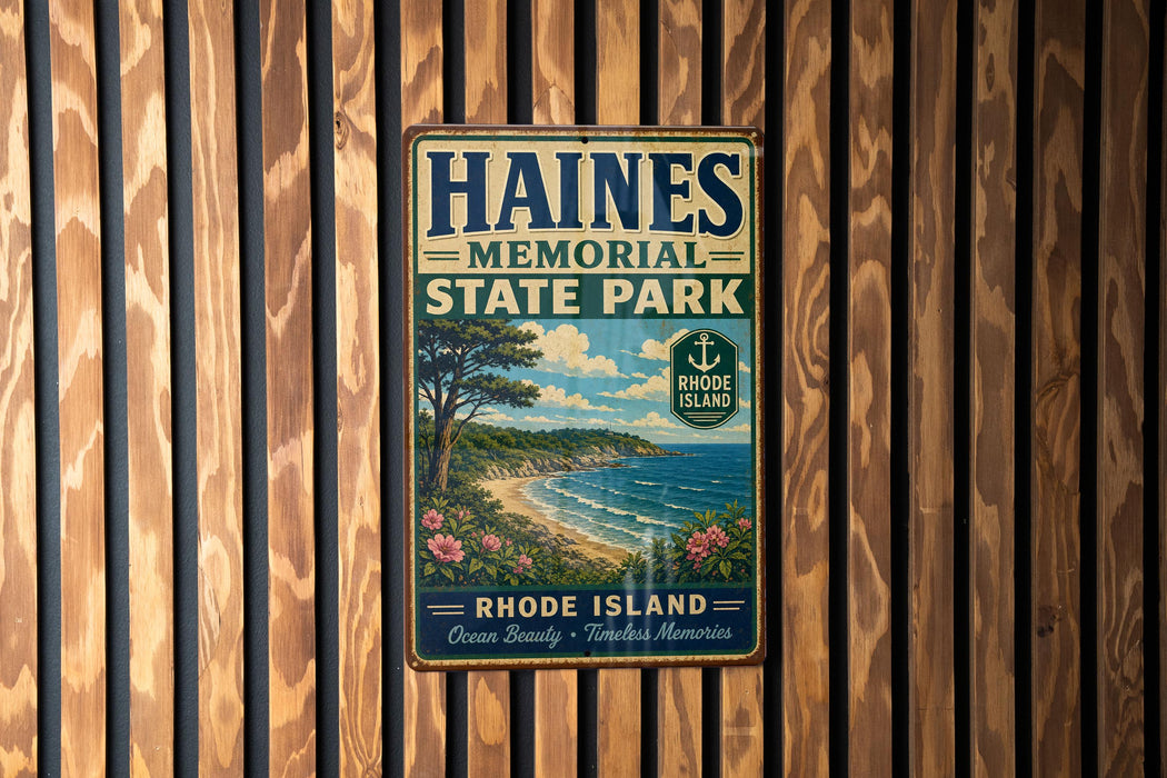 A vintage metal sign for Haines Memorial State Park, featuring a scenic coastal landscape with a beach, ocean, and trees.