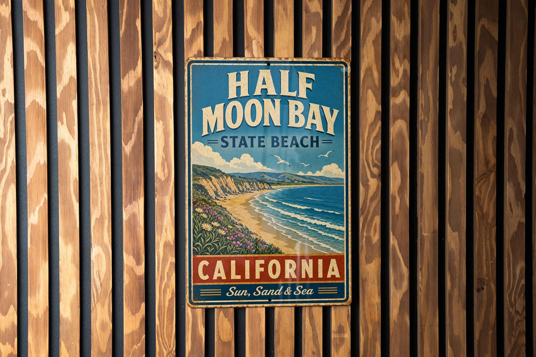 A vintage metal sign for Half Moon Bay State Beach, California, featuring a coastal landscape with a beach, ocean, and mountains.