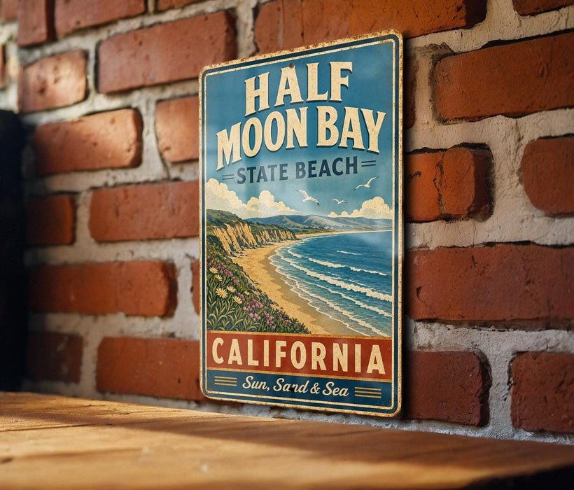 A vintage-style metal sign for Half Moon Bay, California, mounted on a brick wall.