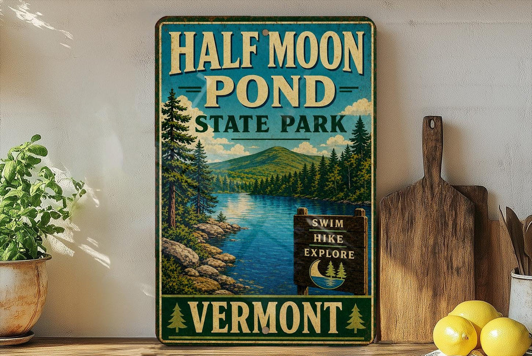 a vintage-style sign for Half Moon Pond State Park in Vermont, with a scenic landscape of a lake, mountains, and pine trees.