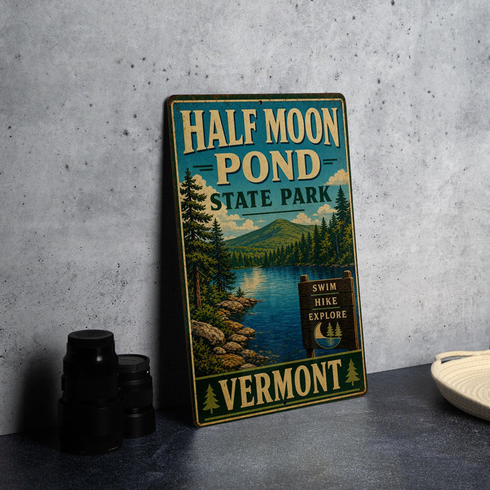 a vintage metal sign for Half Moon Pond State Park in Vermont, with a scenic landscape of a lake, mountains, and pine trees.