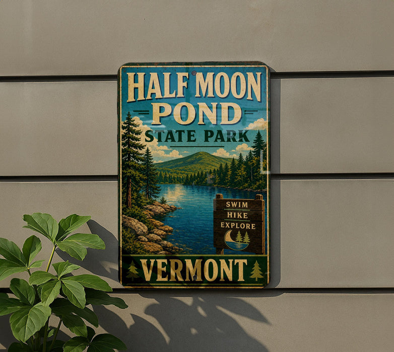 A vintage-style metal sign for Half Moon Pond State Park in Vermont, featuring a scenic landscape with a lake, mountains, and pine trees.
