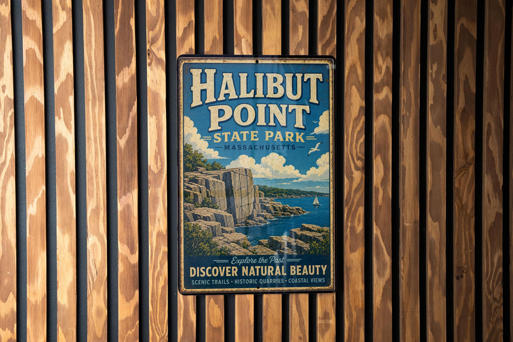 A vintage metal sign for Halibut Point State Park in Massachusetts, featuring a scenic illustration of the park's cliffs and coastline.