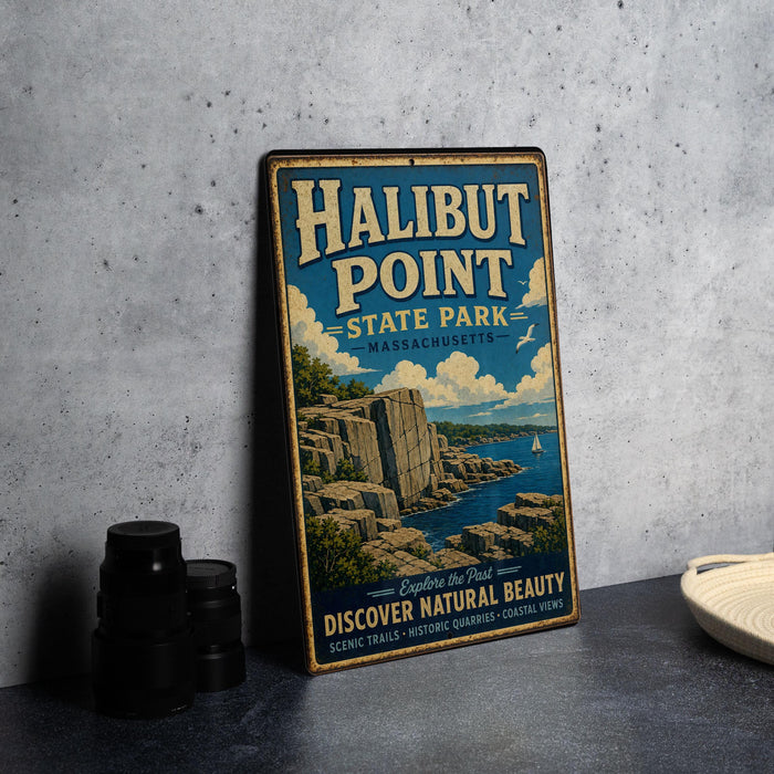 A vintage metal sign for Halibut Point State Park in Massachusetts, featuring an illustration of the park's natural landscape.