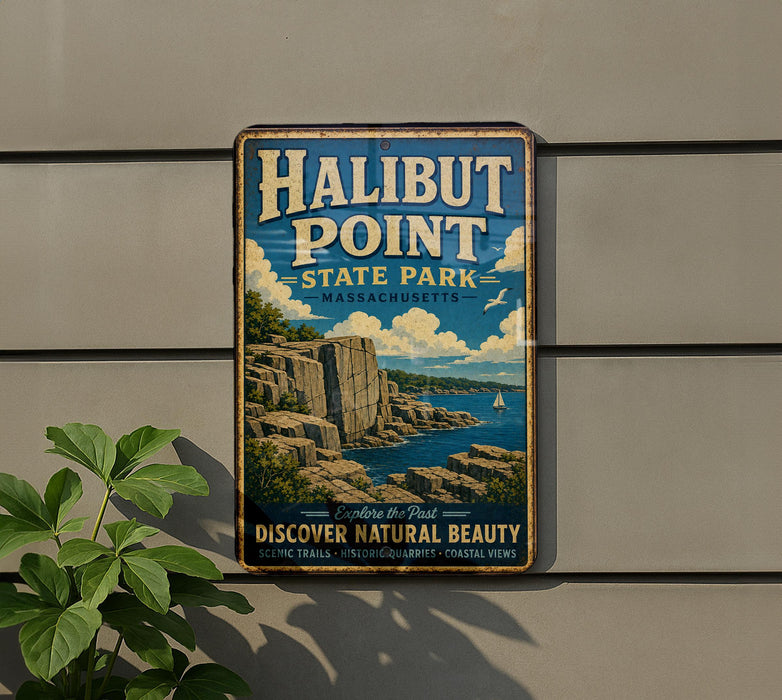 A vintage metal sign for Halibut Point State Park in Massachusetts, featuring a scenic illustration of a rocky coastline with a sailboat in the distance.