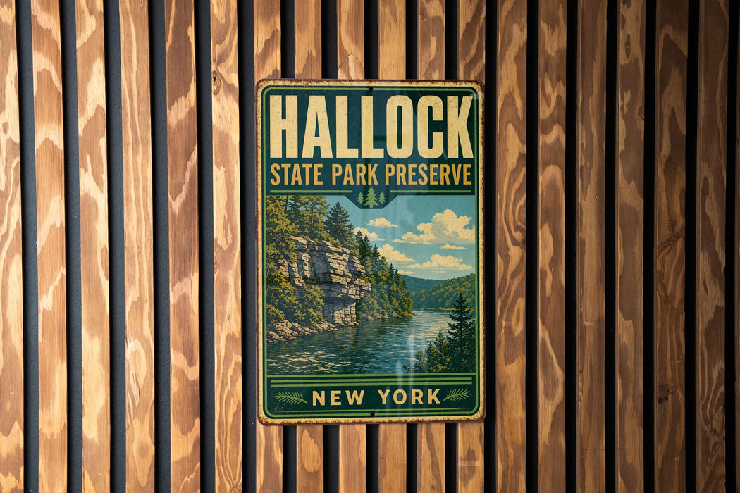 A vintage metal sign for Hallock State Park Preserve in New York, featuring a scenic landscape with a river and mountains.