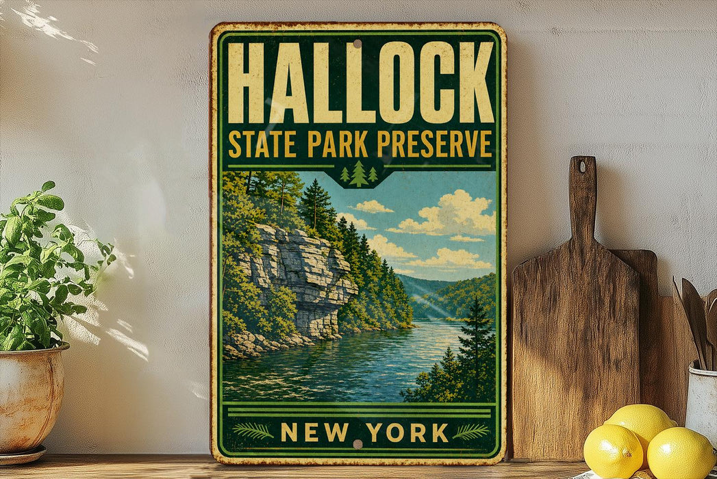 A vintage-style metal sign for Hallock State Park Preserve in New York, featuring a scenic landscape with a river and mountains.