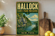 A vintage-style metal sign for Hallock State Park Preserve in New York, featuring a scenic landscape with a river and mountains.