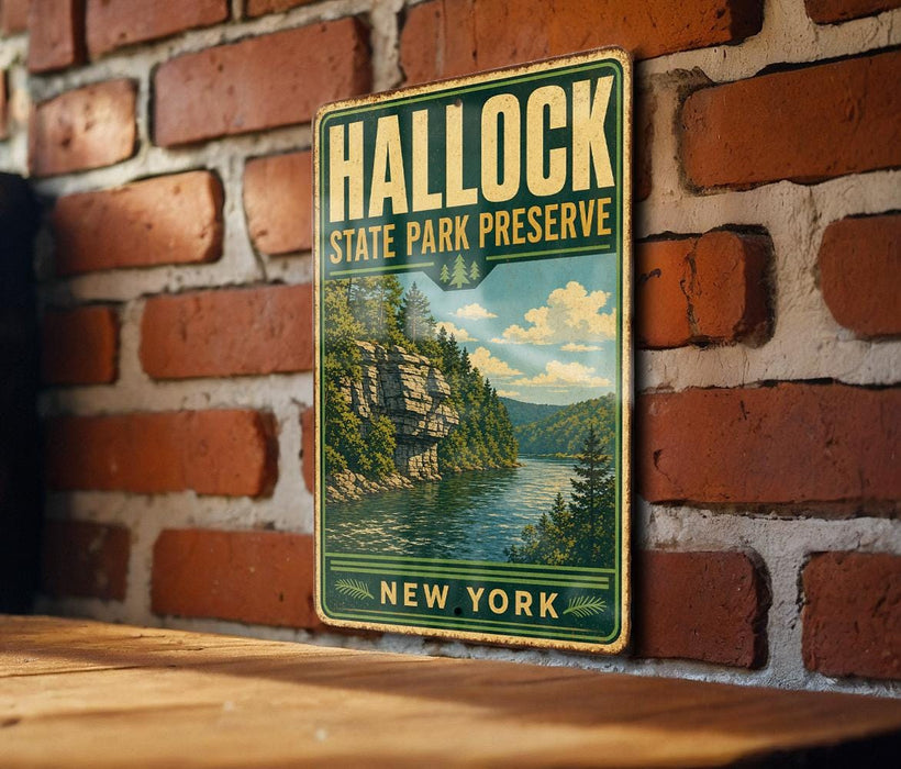 A vintage-style metal sign for Hallock State Park Preserve, featuring a scenic landscape with a river and mountains, mounted on a brick wall.