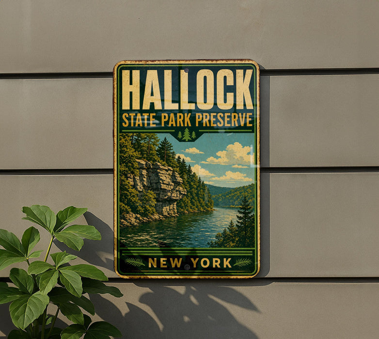 A vintage-style metal sign for Hallock State Park Preserve in New York, featuring a scenic landscape with a river and mountains.