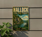 A vintage-style metal sign for Hallock State Park Preserve in New York, featuring a scenic landscape with a river and mountains.
