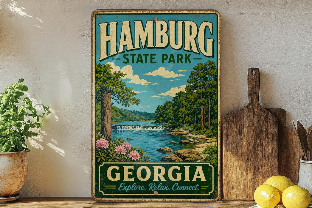 A vintage-style sign for Hamburg State Park in Georgia, featuring a scenic landscape with a river, trees, and flowers.