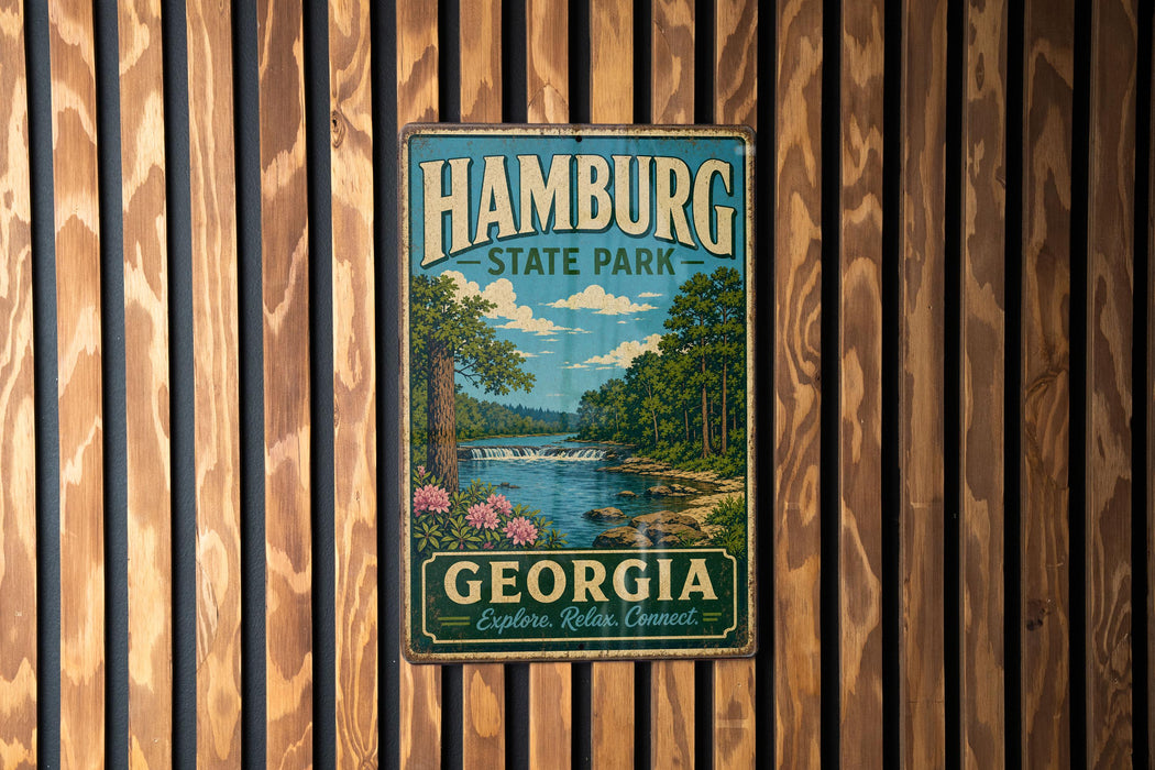 A vintage-style metal sign for Hamburg State Park in Georgia, featuring a scenic landscape with a river, trees, and a waterfall.