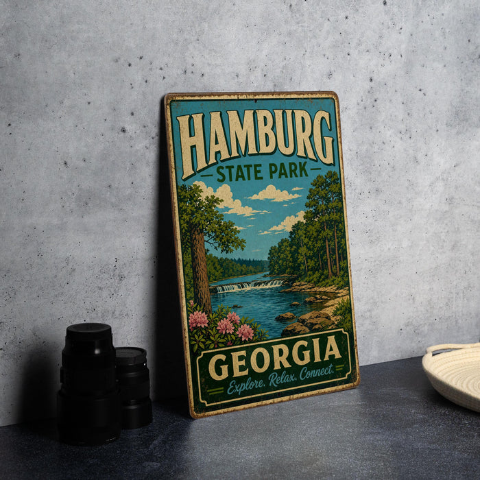 A vintage-style metal sign for Hamburg State Park in Georgia, featuring a scenic illustration of a river, trees, and a waterfall.