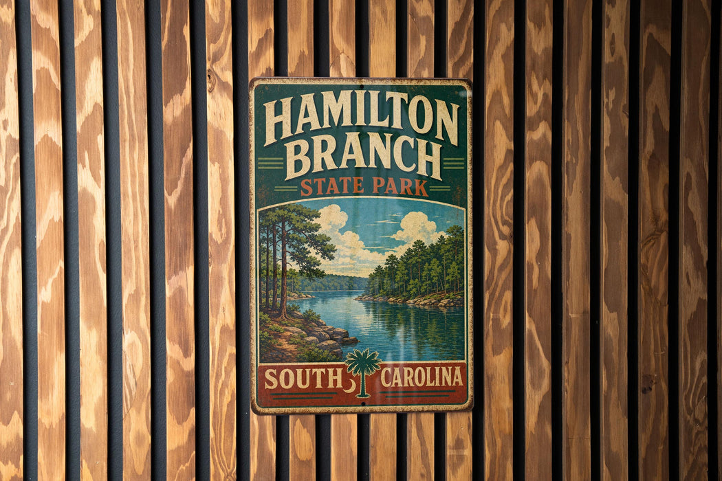 A vintage metal sign for Hamilton Branch State Park in South Carolina, featuring a scenic landscape with a river and pine trees.