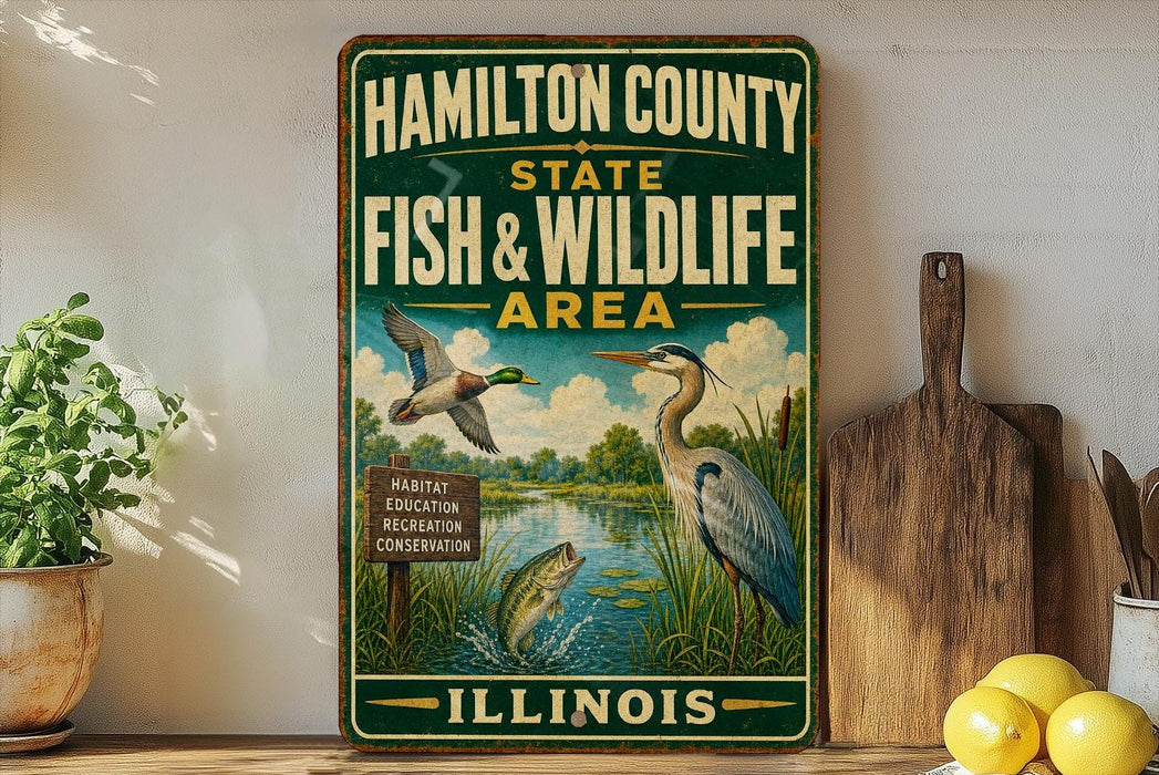 A vintage-style sign for the Hamilton County State Fish and Wildlife Area in Illinois, featuring illustrations of ducks, a heron, and a fish in a river setting.