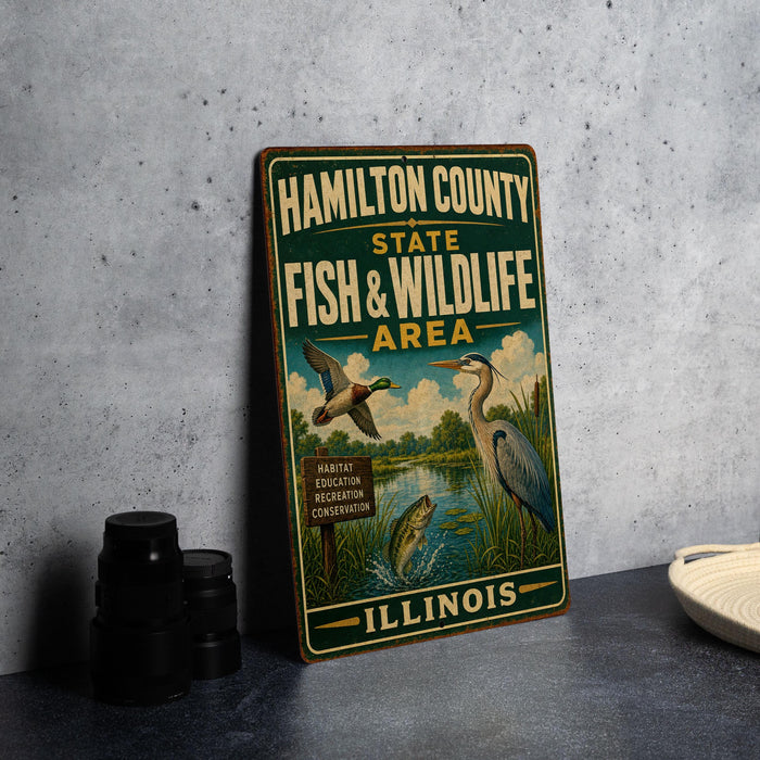 A vintage metal sign for the Hamilton County State Fish & Wildlife Area in Illinois, featuring illustrations of ducks, a fish, and a bird.