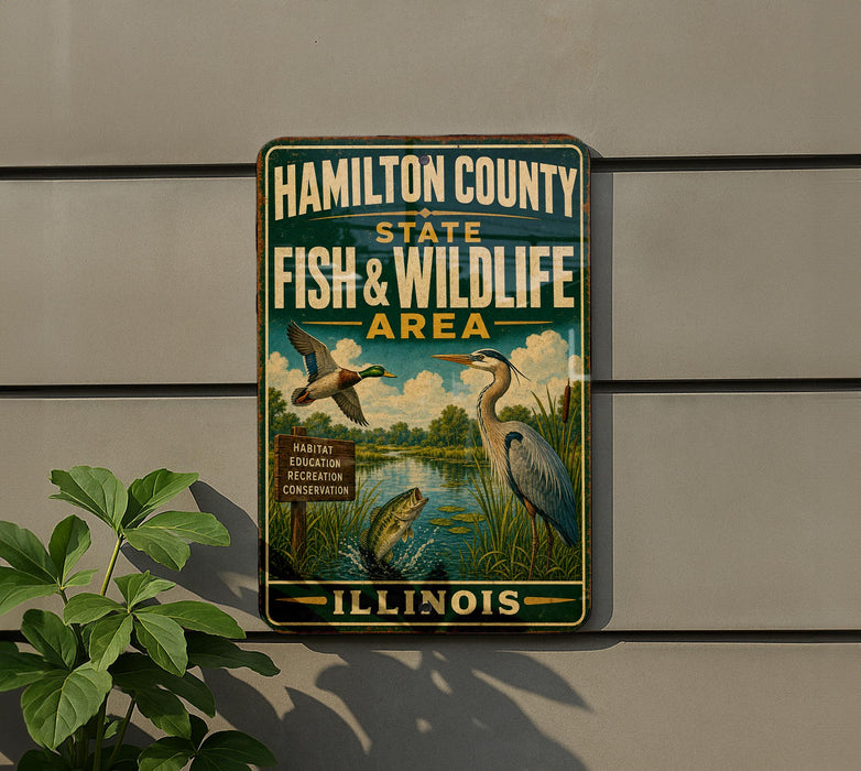A vintage-style metal sign for the Hamilton County State Fish & Wildlife Area in Illinois, featuring illustrations of various wildlife and a serene landscape.