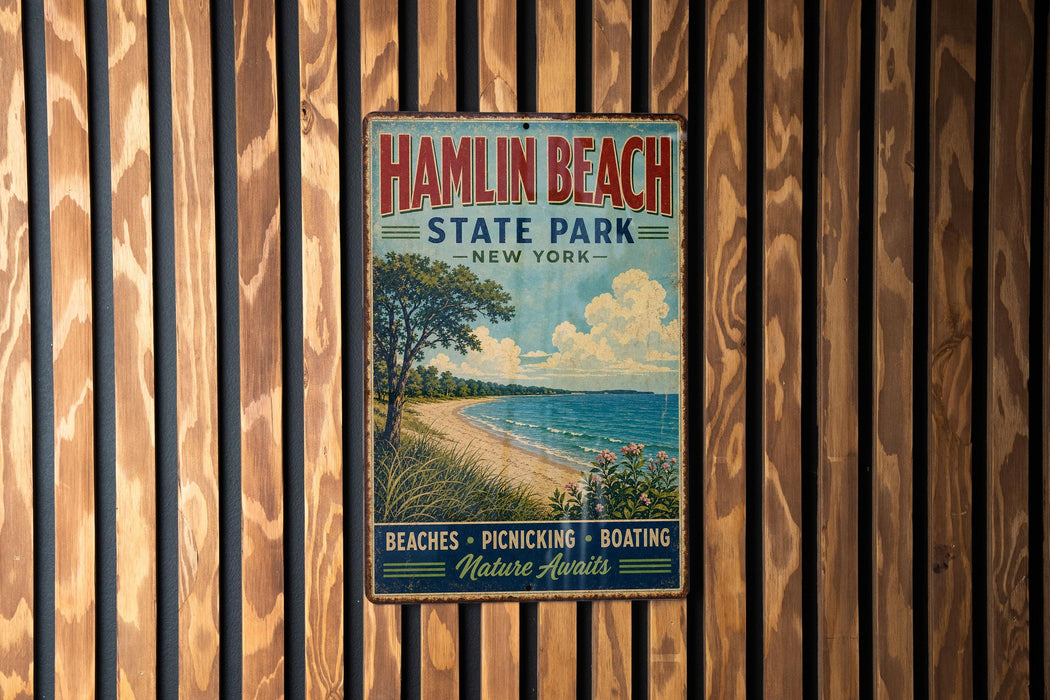 A vintage metal sign for Hamlin Beach State Park in New York, featuring a beach scene with a tree and a body of water.