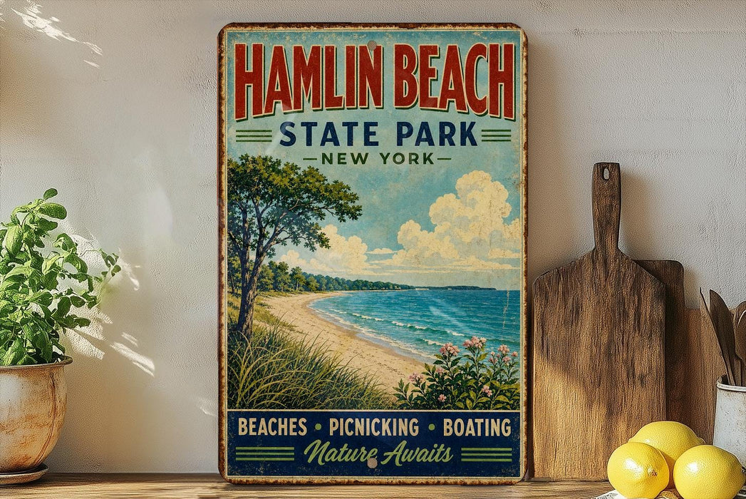 A vintage-style sign for Hamlin Beach State Park in New York, featuring a beach scene with a tree, grass, and water.