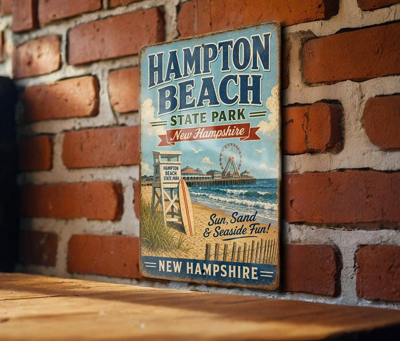 A vintage-style metal sign for Hampton Beach State Park in New Hampshire, featuring a beach scene with a lifeguard tower and a ferris wheel.