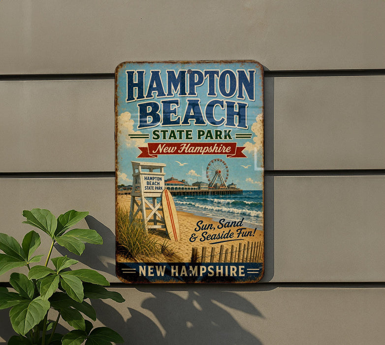 A vintage metal sign for Hampton Beach State Park in New Hampshire, featuring a beach scene with a lifeguard chair, a ferris wheel, and a sign that says "Hampton Beach State Park".