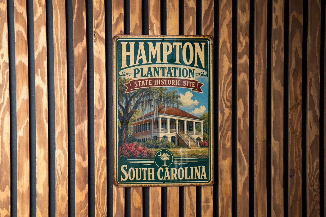 A vintage metal sign for the Hampton Plantation State Historic Site in South Carolina, featuring a house surrounded by palm trees and a blue sky.