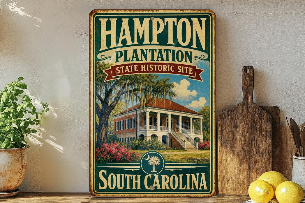 A vintage-style sign for the Hampton Plantation State Historic Site in South Carolina, featuring a painting of a historic building surrounded by trees and flowers.