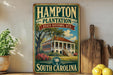A vintage-style sign for the Hampton Plantation State Historic Site in South Carolina, featuring a painting of a historic building surrounded by trees and flowers.