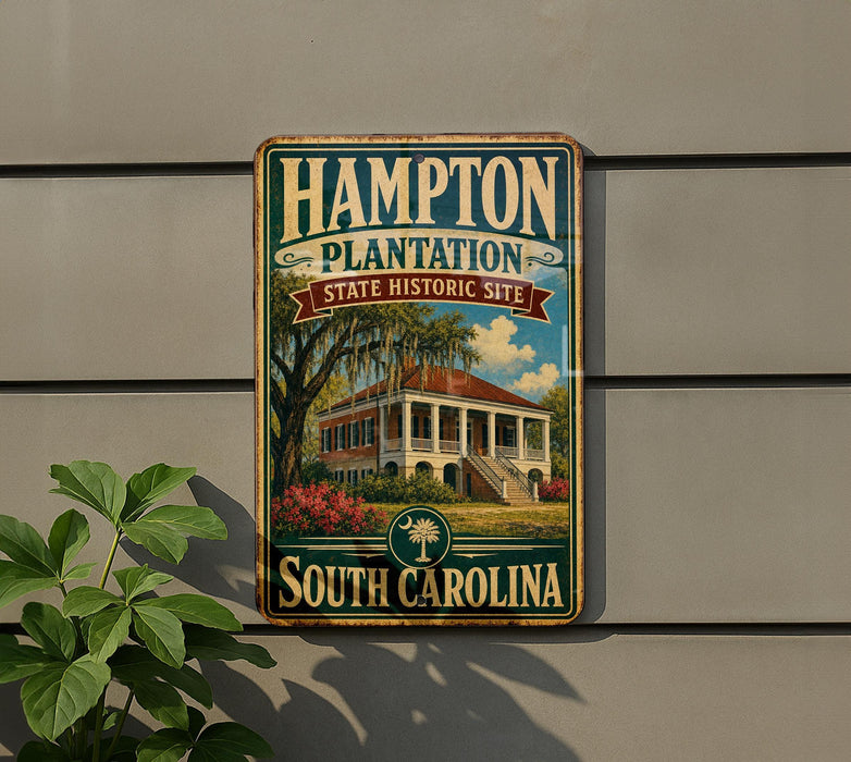 A vintage-style metal sign for Hampton Plantation, a historic site in South Carolina, featuring a building with a palm tree and a blue sky.
