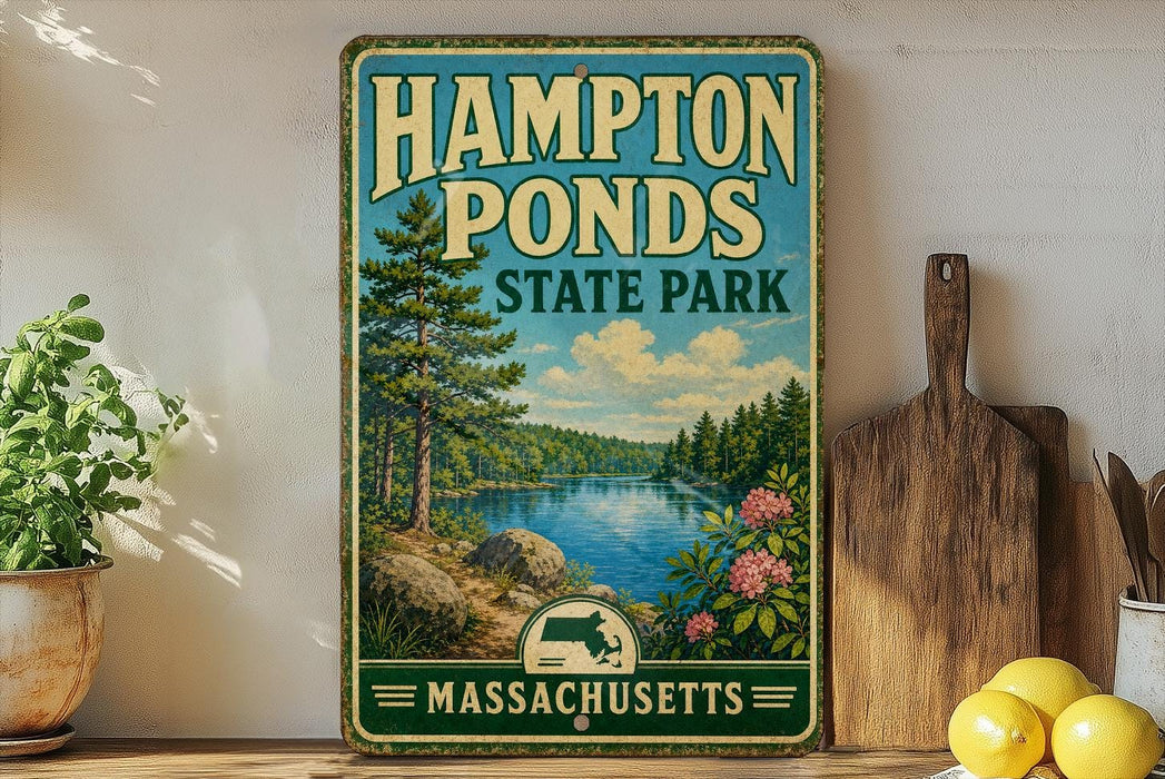 A vintage-style metal sign for Hampton Ponds State Park in Massachusetts, featuring a scenic landscape with a lake, trees, and mountains.