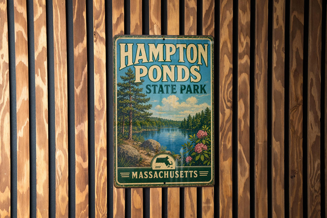 A vintage metal sign for Hampton Ponds State Park in Massachusetts, featuring a scenic landscape with a lake, pine trees, and a blue sky with clouds.