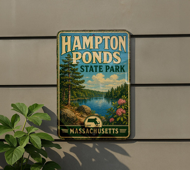 A vintage-style sign for Hampton Ponds State Park in Massachusetts, featuring a scenic landscape with a lake, trees, and mountains.