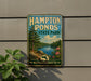 A vintage-style sign for Hampton Ponds State Park in Massachusetts, featuring a scenic landscape with a lake, trees, and mountains.