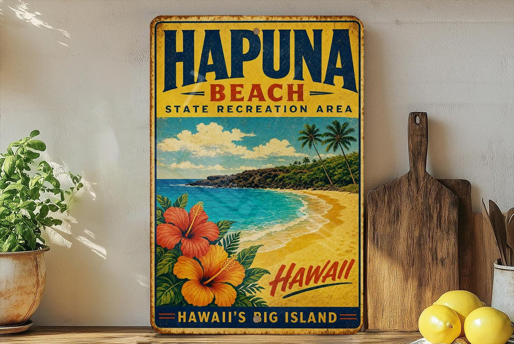 A vintage-style metal sign for Hapuna Beach, Hawaii, featuring a tropical beach scene with palm trees, flowers, and a blue ocean.