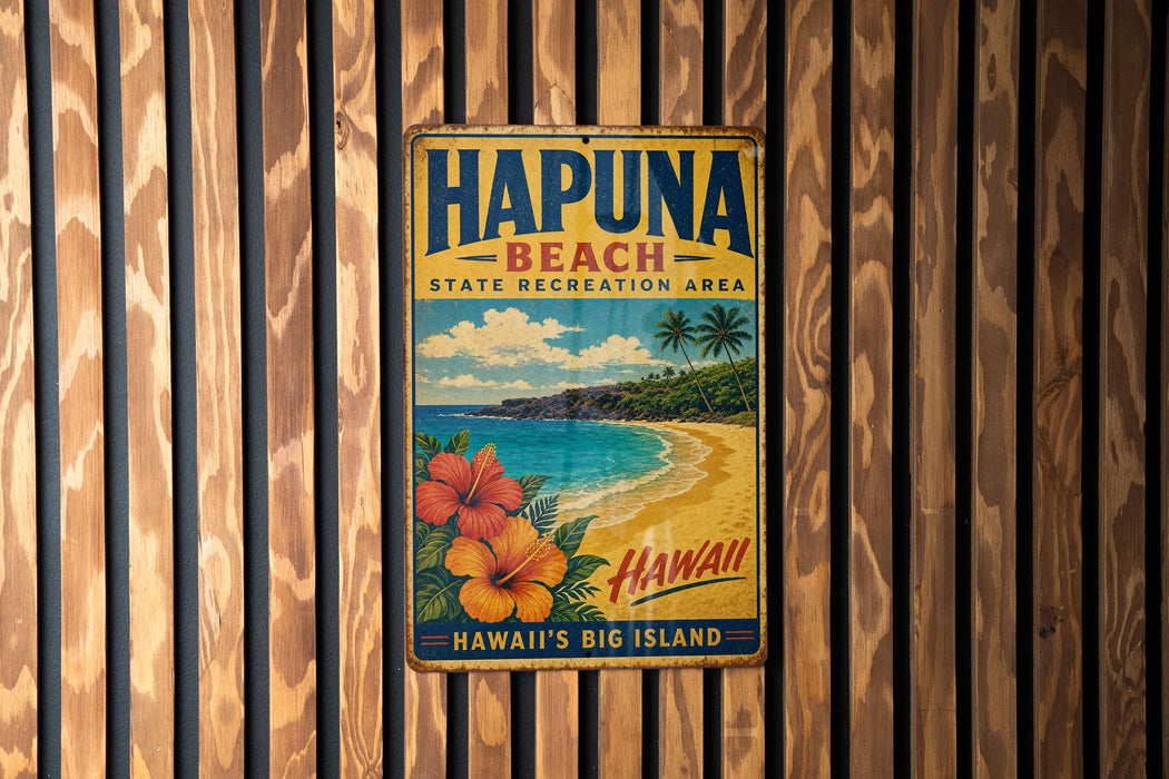 A vintage metal sign for Hapuna Beach, Hawaii, featuring a tropical beach scene with palm trees and flowers.