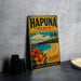 A vintage-style metal sign for Hapuna Beach, Hawaii, featuring a tropical beach scene with palm trees and flowers.